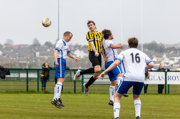 Mike Williams (centre) will be hoping to help Rushen United defeat DHSOB in the Canada Life Premier League this evening. Should they do so, Old Boys will be relegated to DPS Ltd Division Two