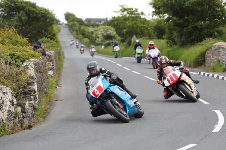 Mike Hose leads Joe Yeardsley  during the 2022 Senior Pre-TT Classic