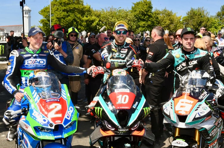 (Left to right) Dean Harrison, Peter Hickman and Michael Dunlop, Superstock Race Two