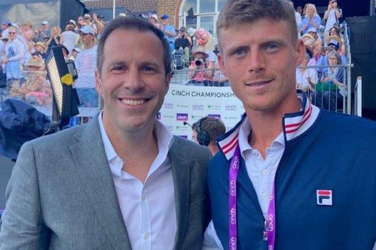 Greg Rusedski with local tennis player Billy Harris at Queen's Club