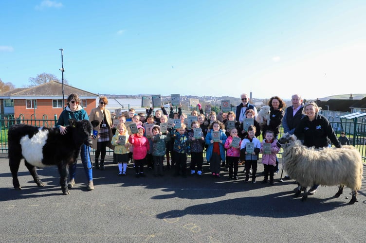 The Manx NFU visiting Anagh Coar Primary School to tell the Jelly and Oof story. Photo by Callum Staley (CJS Photography)