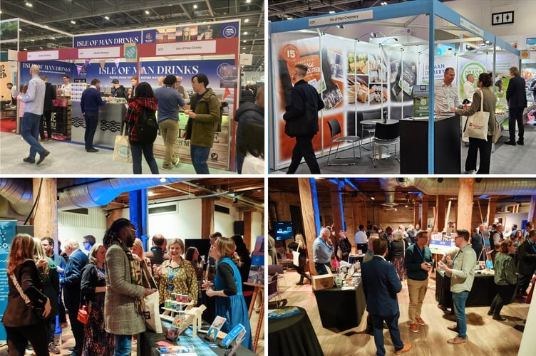 Top left: Isle of Man Drinks Stand at IFE, London comprising Outlier Distilling Company, Okell's Brewery, and The Fynoderee Distillery

Top right: Isle of Man Creamery stand in the Cheese Pavillion at IFE, London

Bottom images: Isle of Man Food & Drink Showcase event held on March 26 at Museum of London Docklands