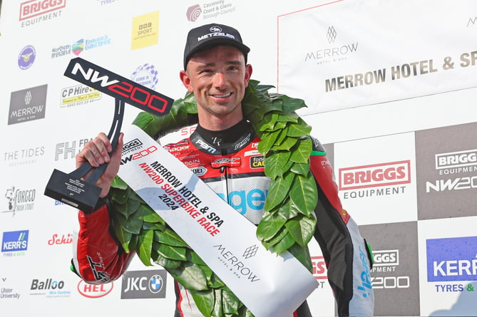 Glenn Irwin celebrates winning the second Superbike race at the North West 200 on Saturday (Photo: Dave Kneen)