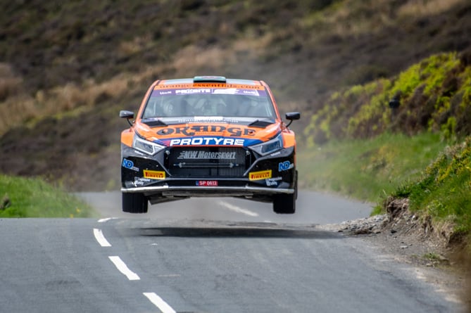 Newcastle Emlyn's James Williams and co-driver Ross Whittock get their Hyundai i20 Rally 2 airborne on the way to clinching their maiden win in the two-day Manx National Rally over the weekend (Photo: Mark Corlett)