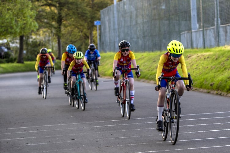 Henry Quaye crosses the line first ahead of runner-up Elliott Barron and third-placed Jenson Baglow at the end of the under-10s racing bikes contest at last week's round of the RL360 Youth Cycling League (Photo: Gary Jones)