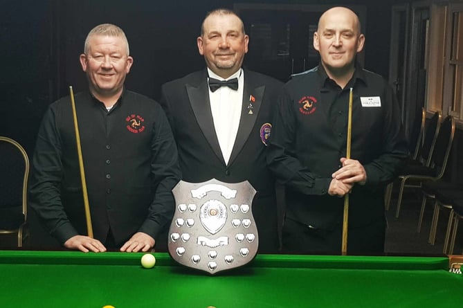 (Left to right) Robbie Corkish Masters runner-up Paul Smyth, final referee Dave Kelly and competition winner Tom Miller