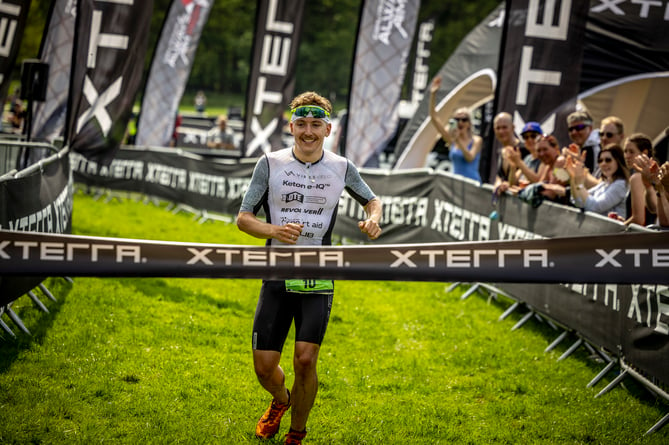 Will Draper crosses the finishline to win the Weston Park Xterra off road triathlon at the weekend (Photo: Carel Du Plessis)