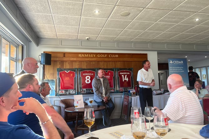 Liverpool legend Phil Thompson talks to the crowd in the Q&A section of the charity golf day