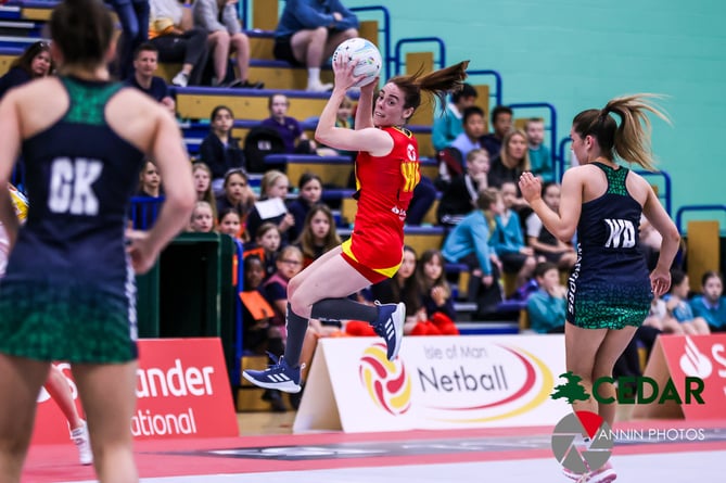 The Isle of Man's wing attack Rhian Evans plucks the ball out of the air during the Manx side's opening game against Northern Ireland in the Europe Netball Open Challenge at the NSC on Thursday morning
