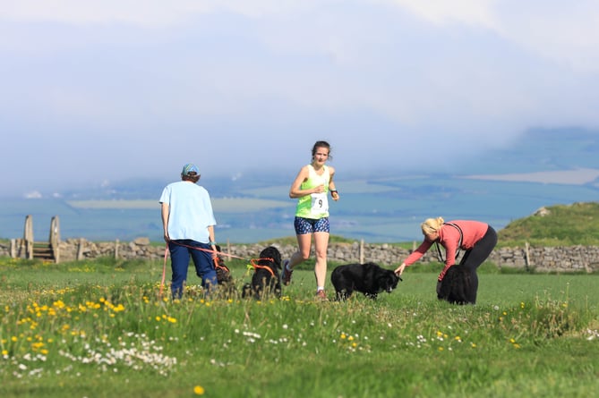 Competitor runs past dog walkers during Race the Sun