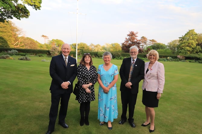 (L-r) The Lieutenant Governor, Mrs Sandy Denning - Executive Officer for the Isle of Man Anti-Cancer Association, Lady Lorimer MBE, Mr Malcolm Clague JP – Chairman of the Isle of Man Anti-Cancer Association and Mrs Christine Carter BEM – President of the Isle of Man Anti-Cancer Association