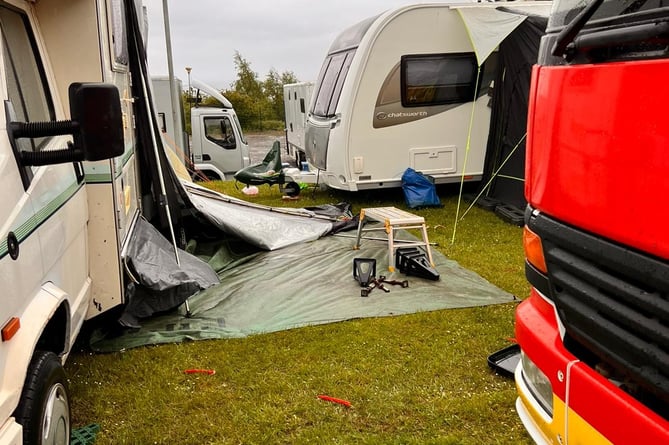 Damage to TT Paddock tents after blustery conditions overnight 