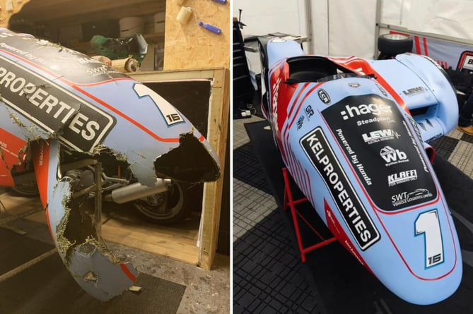 Before and after the repair work on the fairing of the Birchall Racing Honda's fairing