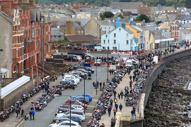 Aerial view of the crowds on the seafront at Peel TT Day