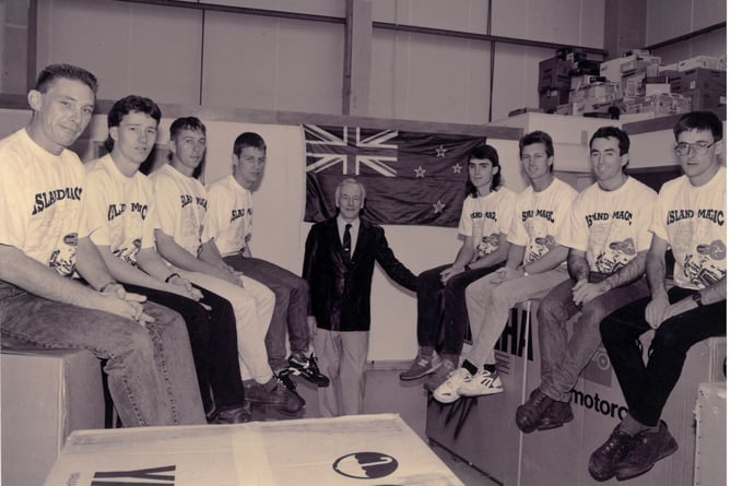The 10 team bikes initially remained boxed as the Maudes Trophy attempt was under the strict control of ACU officials from the TT and New Zealand. (L-r) Jason McEwen, Blair Degerholm, Paul Williams, Nathan Spargo, team manager Noel McCutcheon, Anthony Young, Russel Josiah, Hugh Reynolds and Doug Bell 