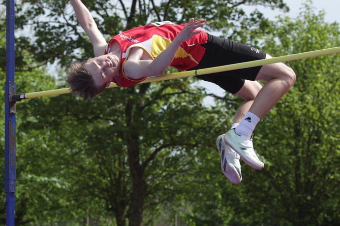 Regan Corrin’s on his way to clearing 2.04 metres in the high jump at the Lancashire Track and Field Championships in Blackpool (Photo: Claire Schreuder)