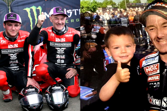 (Left) Dave Molyneux with his godson Jake Roberts after finishing third in Thursday's second Sidecar race, his last TT before retiring. (Right) With a very young Jake in the winners' enclosure in 2007 after completing a double victory with Rick Long 