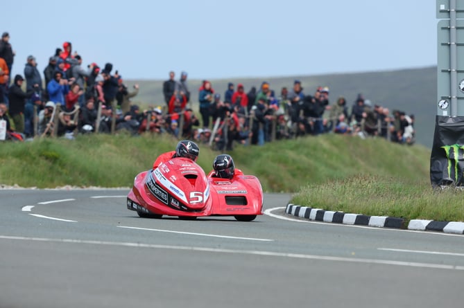 Dave Molyneux and Jake Roberts at the Bungalow during Saturday's second Sidecar race. The duo clinched a podium spot in what proved to be Moly's last race over the Mountain after 39 years and 60 starts (Photo: www.iomttraces.com)
