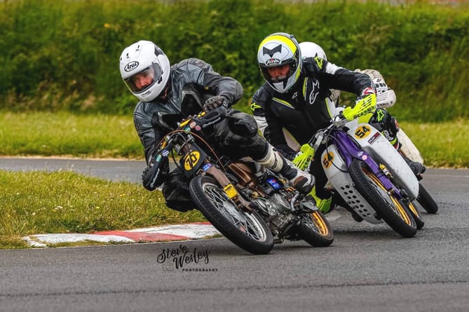 Chuck Bregazzi leading Alex Bottomley and Tom 'Tweeks' Dawson in 110cc action during round four of the Jurby MRSports Championship at the JCK Kart Track (Photo: Steve Wesley Photography)