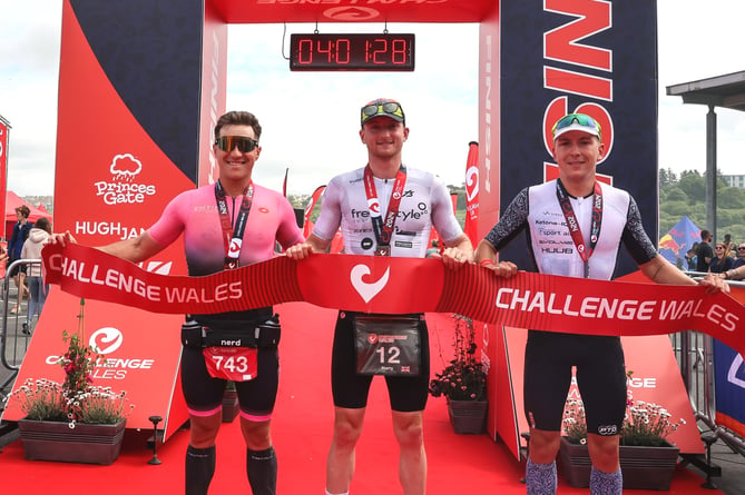 Will Draper (right) was second in the Challenge Wales 70.3 Triathlon on Sunday behind winner Harry Palmer (centre) and third-placed Josh Lewis. The latter won the gold medal at the Island Games in Guernsey last year when Draper claimed bronze