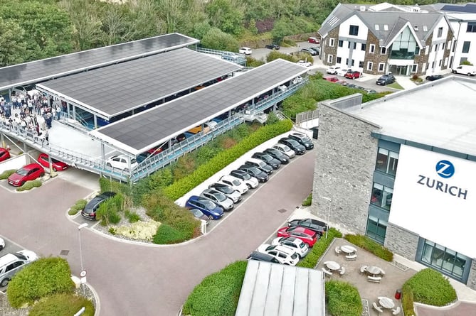 An aerial shot showing Zurich House and the solar panels on the roof of the office’s car park.