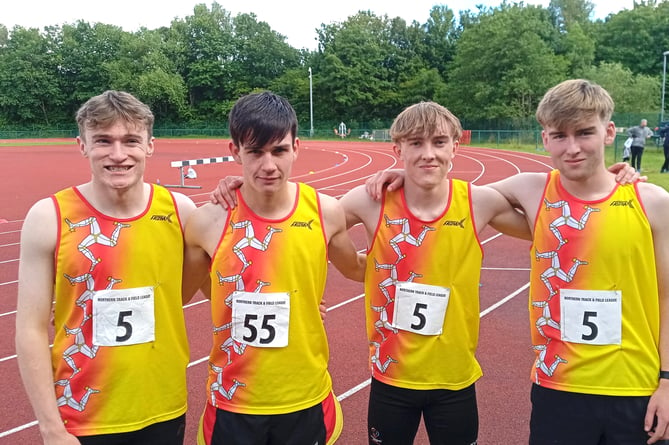 The quartet of (left to right) Ben Sinclair, Sam Perry, Regan Corrin and Ryan Corrin set a new Isle of Man under-20 men’s record in the 4x400 metres relay (Photo: Claire Turner)