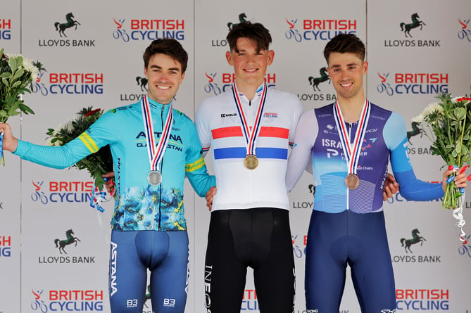 Isle of Man cyclist Max Walker (left) on the podium alongside winner Josh Tarling and third-placed Ethan Vernon after claiming a silver medal in the elite men's time trial at the  British National Road Championships in North Yorkshire on Wednesday (Photo: Alex Whitehead/SWpix.com)