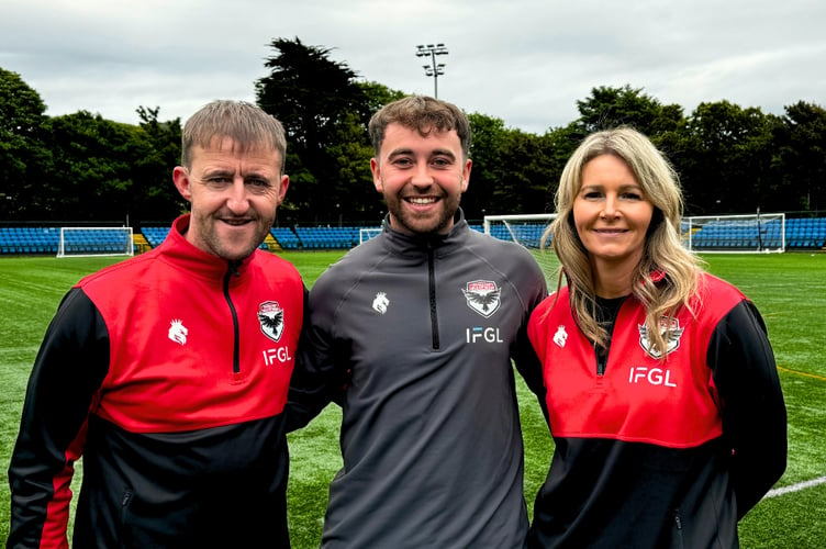 FC Isle of Man's new football in the community officer Connor Prescott (centre) alongside club chairwoman Gill Christian and vice-chairman Lee Dixon