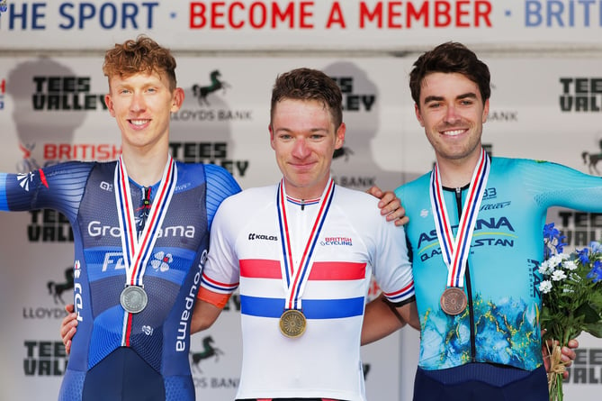 The Isle of Man's Max Walker (right) on the podium with his bronze medal after finishing third in the British National Road Championships elite men's road race on Sunday (Photo: Alex Whitehead/SWpix.com)