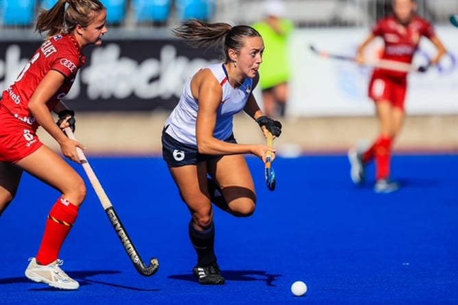 Isle of Man hockey player Sienna Dunn in action for England recently