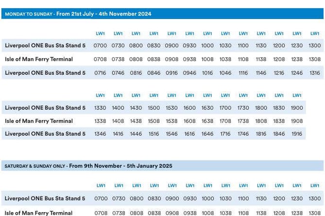 The shuttle bus timetable linking the Isle of Man ferry terminal to Liverpool One Bus Station