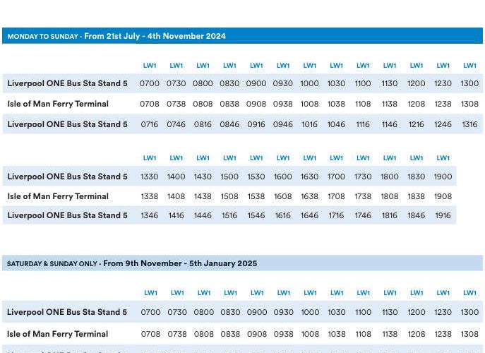 The shuttle bus timetable linking the Isle of Man ferry terminal to Liverpool One Bus Station