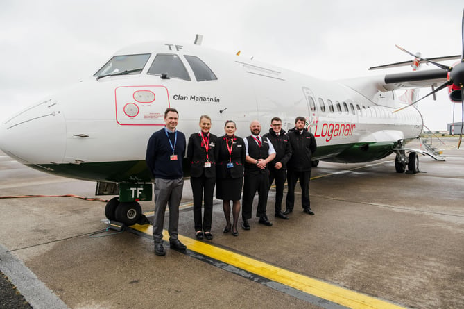 Loganair’s IOM Aircraft - Left to right: Gary Cobb (director at Isle of Man Airport), Samantha Clague (cabin crew at Loganair), Vicky Rogers (cabin crew at Loganair), Richard Allix (cabin crew at Loganair), James Sutton (first officer at Loganair) and Captain Simon Canning (Captain at Loganair)