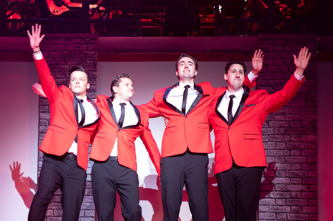 Left to right: Jack Divers as Bob Gaudio, Joe Hillard as Frankie Valli, Charlie Williams as Tommy DeVito and Thomas Dixon as Nick Massi