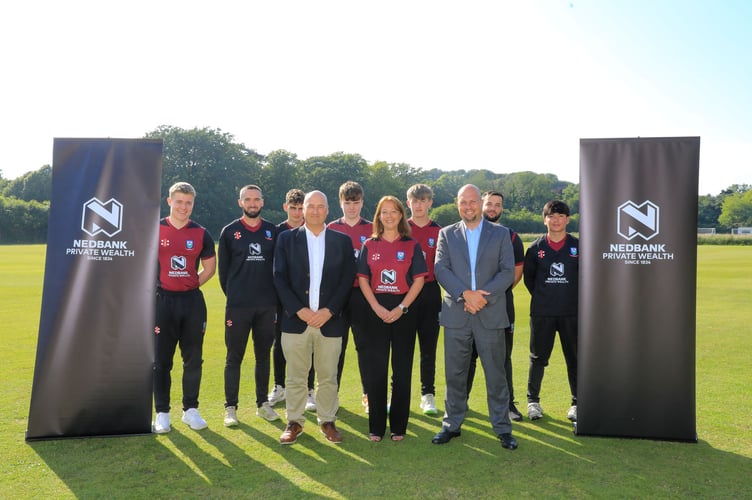 Cronkbourne Cricket Club players and chair Kathryn Clough with Andrew Halsall and James Simpson of Nedbank Private Wealth