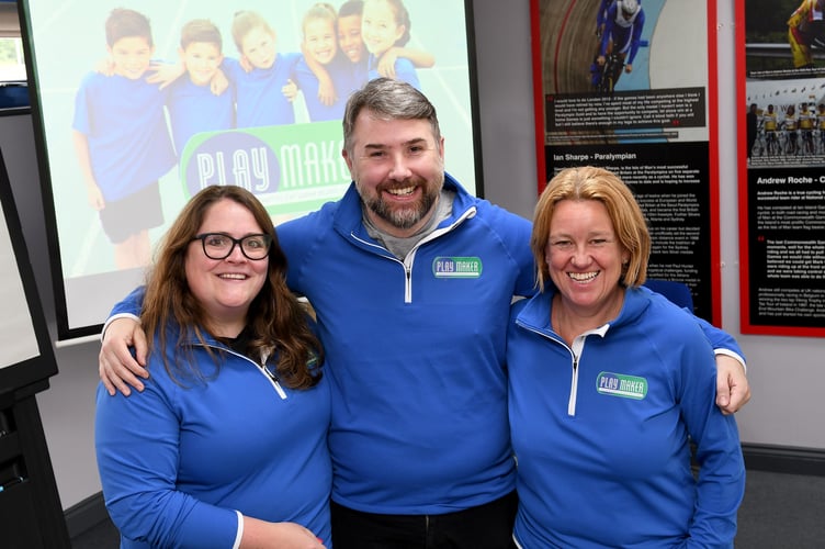 The launch event for the Playmaker charity, which aims to increase opportunities for young people to participate in sport in the Isle of Man -  pictured left to right: Bek Dalrymple, Andy Dalrymple and Anne Baggesen