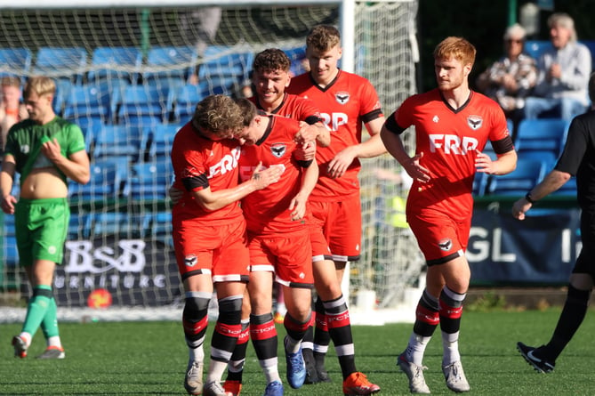 FC Isle of Man players celebrated after Ste Whitley gave the Ravens the lead against Chadderton on Saturday evening (Photo: Paul Mordue)