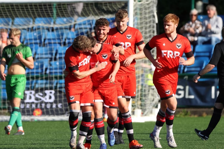 FC Isle of Man players celebrated after Ste Whitley gave the Ravens the lead against Chadderton on Saturday evening (Photo: Paul Mordue)