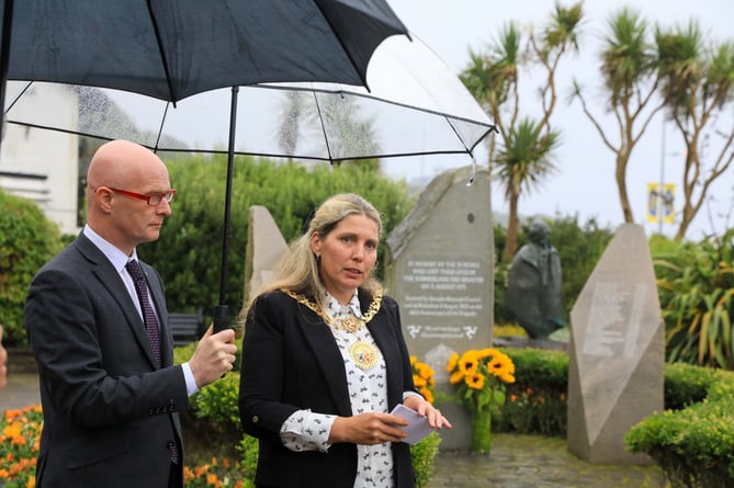 Mrs Natalie Byron-Teare, Mayor of Douglas at the Summerland Memorial at Kaye Memorial Garden. 