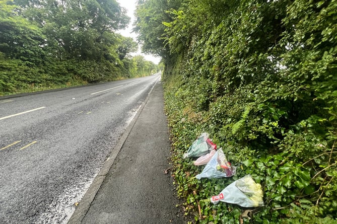 Floral tribute for Nesta Haselden in Douglas Road, Peel