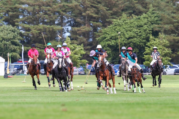 Shrewsbury Polo Club (teal and black) take on hosts Triskelion Polo Club’s Foraging Vintners Team (Photo: Callum Staley)