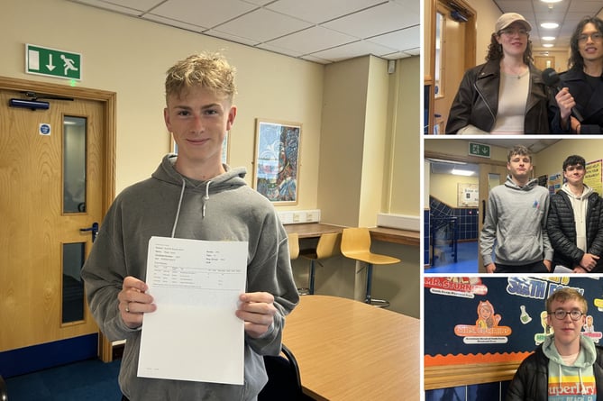 Students collecting AS and A-Level results at Ballakermeen on Thursday. (Main image - left) Ralph Scott, (top right) Lawrenz Pasanting and Emilia Heath, (middle right) George Glennon and Orry Lund, (bottom right) Douglas Grosvenor 