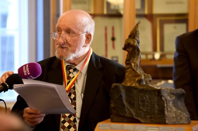 Musician and radio presenter John Kaneen receiving the 2019 Reih Bleeaney Vanannan award, presented for outstanding contribution to Manx culture