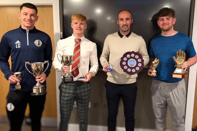 Four of the winners at this week's Football Writers' Awards held at the Kelvin Dawson Community Hub at Peel AFC. (Left to right) Gordon Clague Player of the Year Lee Gale, Young Player of the Year Tomas Brown, Manager of the Year Nick Hurt and Goalkeeper of the Year James Rice. Andy Lodge was named the Referee of the Year but was unable to attend the presentation (Photo: Dave Norton)