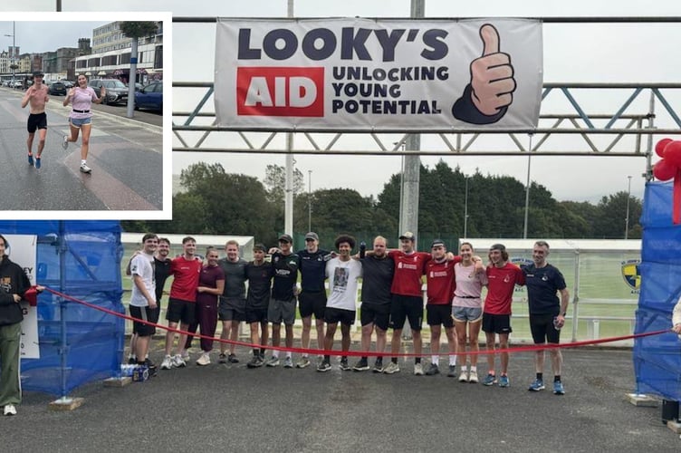 The runners at the finish line in St John's. (Pictured in the inset on the left is Euan Wylie and Ella Webster on Douglas Promenade)