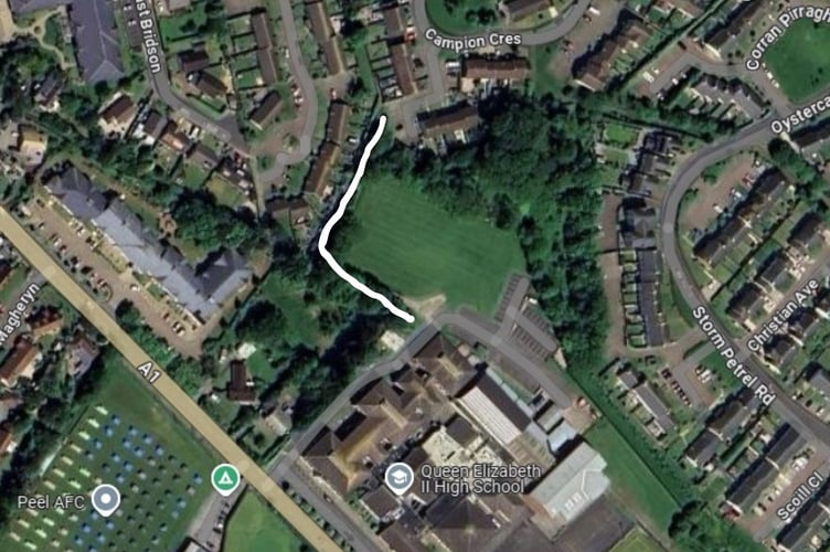 The white line shows the lane that many students use to get to QEII school. The incident occurred near to Campion Crescent at the top of the white line. 