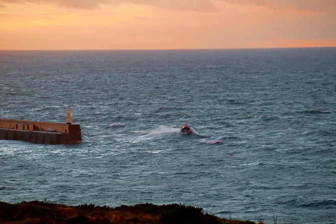 Peel's Frank and Brenda Winter lifeboat braving the rough seas for training on Wednesday evening