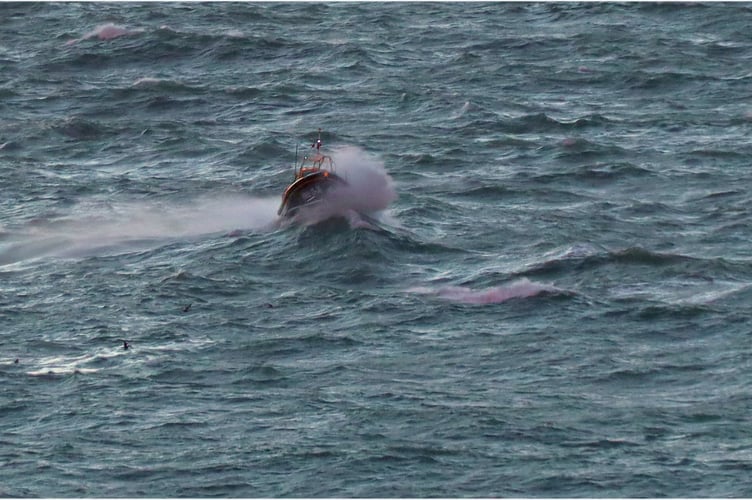 Peel's Frank and Brenda Winter lifeboat braving the rough seas for training on Wednesday evening