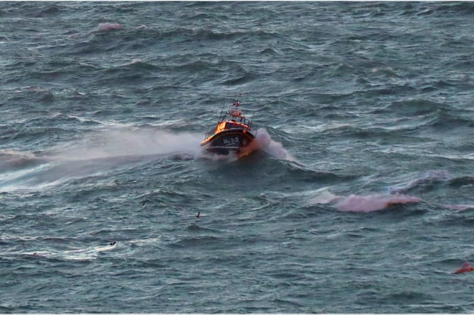 Peel's Frank and Brenda Winter lifeboat braving the rough seas for training on Wednesday evening