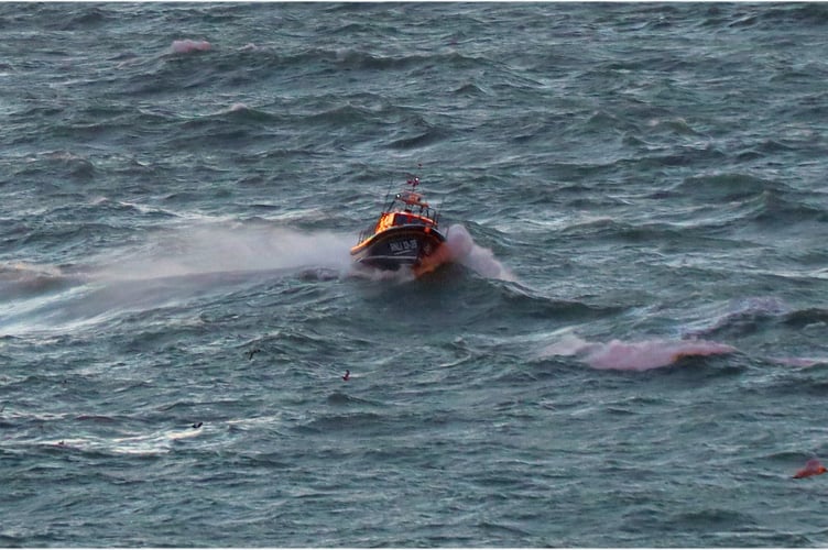 Peel's Frank and Brenda Winter lifeboat braving the rough seas for training on Wednesday evening